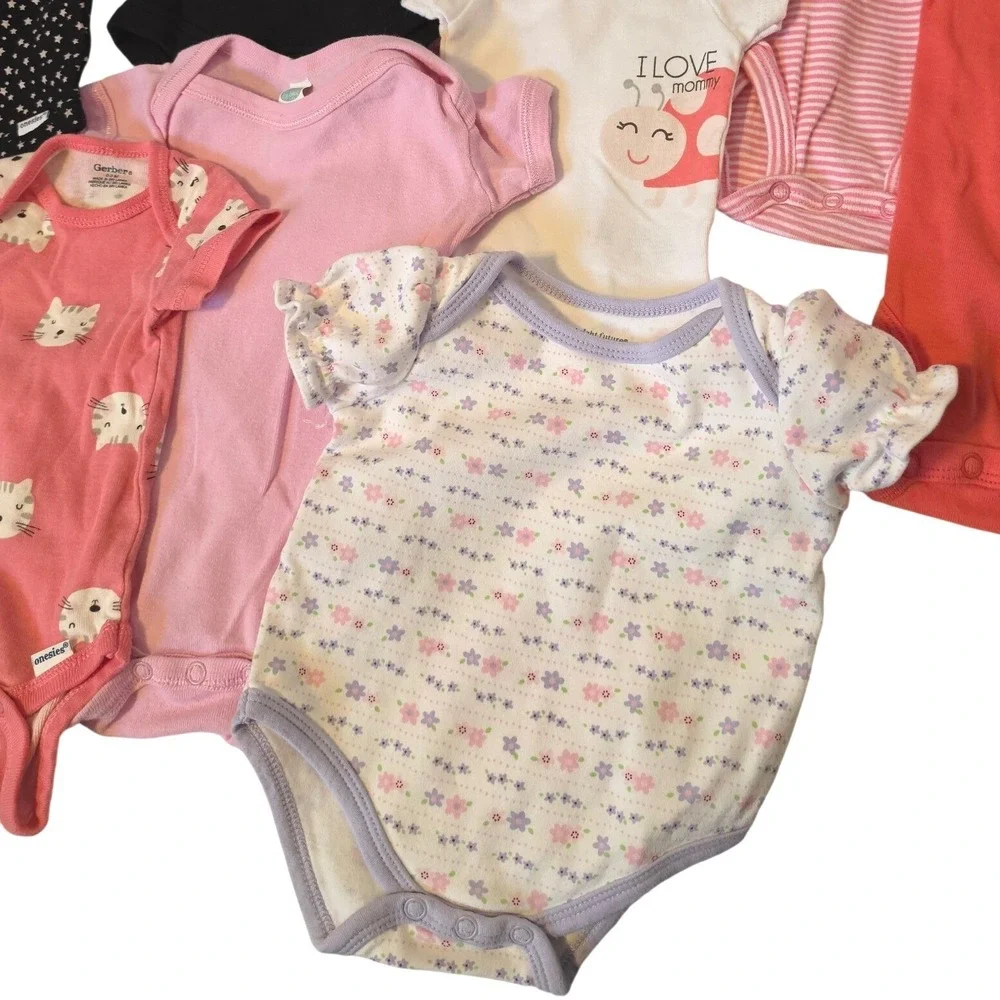 Mixed Lot of 9 Onesies and Bodysuits  Pink Orange Black NB-3Ms‎